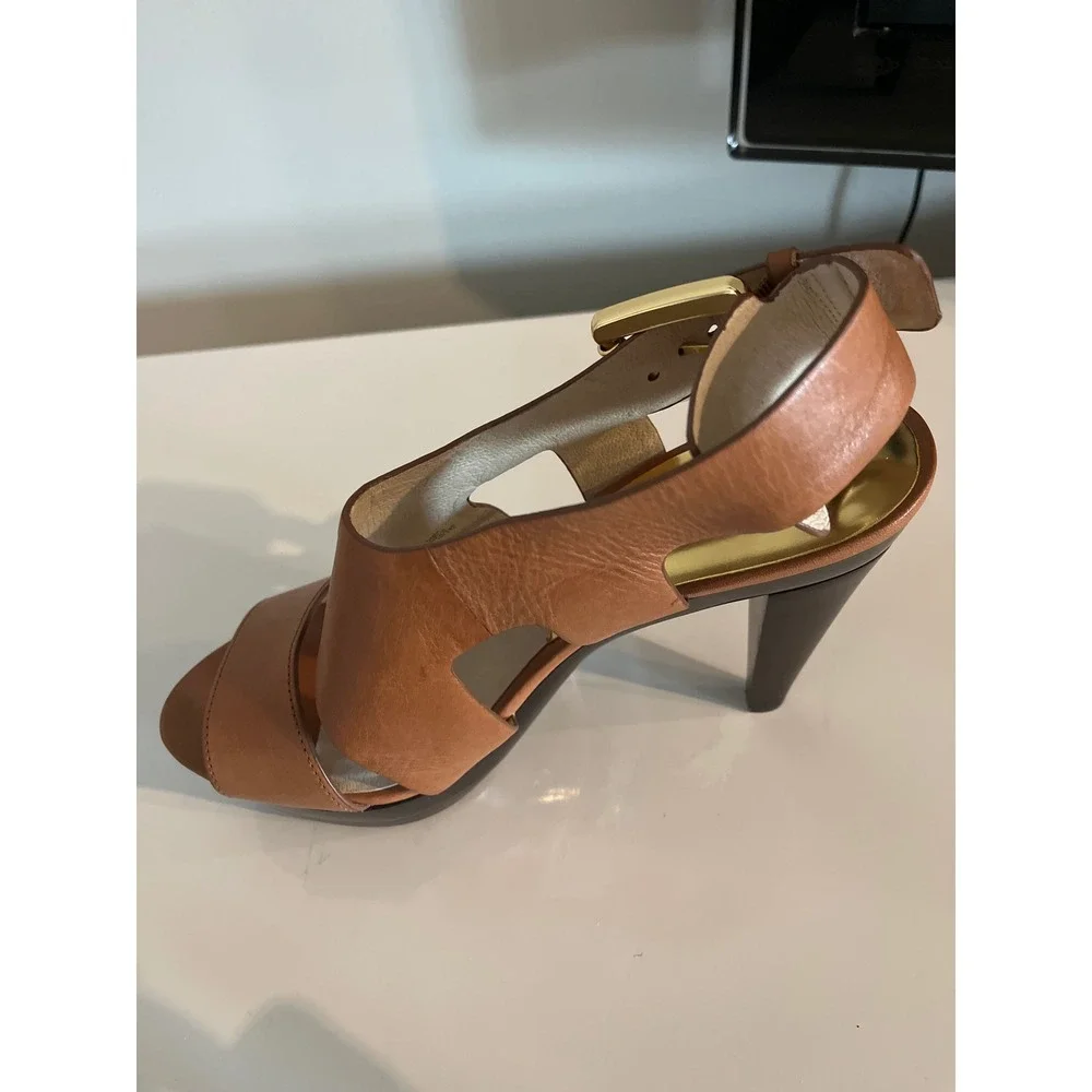 Michael Kors Tan‎ Leather Platform Sandals Gold Buckle Ankle Strap Heels